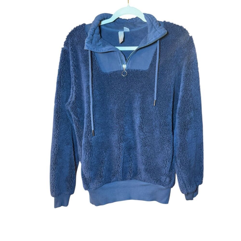 Sweaty Betty Faux Shearling Quarter Zip Pullover sz 8‎ Navy Blue